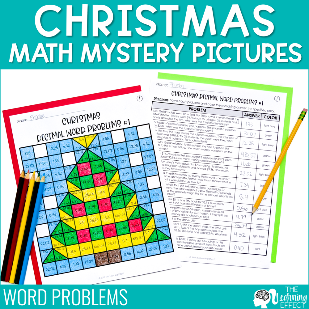Christmas Math Worksheets Mystery Picture Activities | Word Problems