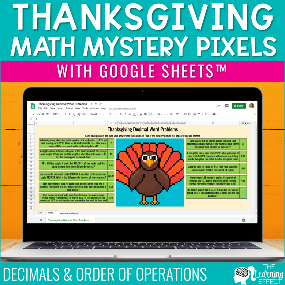 Thanksgiving Math Activities Digital Mystery Pixel Art Google Sheets