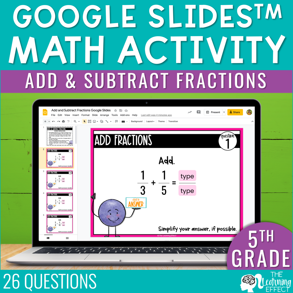 Add and Subtract Fractions Google Slides | 5th Grade Digital Math Activity
