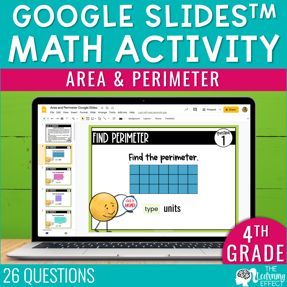 Area and Perimeter Google Slides | 4th Grade Math Review Test Prep Activity