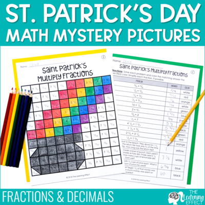 St. Patrick's Day Math Worksheets Mystery Picture Activities | Fractions Decimals