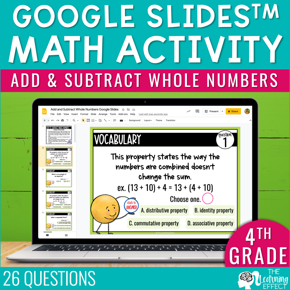 Add and Subtract Whole Numbers Google Slides | 4th Grade Digital Math Activity