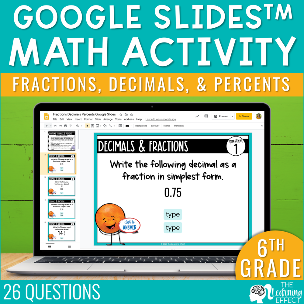 Fractions Decimals Percents Google Slides | 6th Grade Digital Math Activity