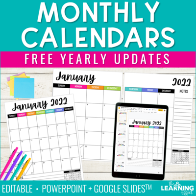 Editable Monthly Calendars 2021 2022 | Free Yearly Updates