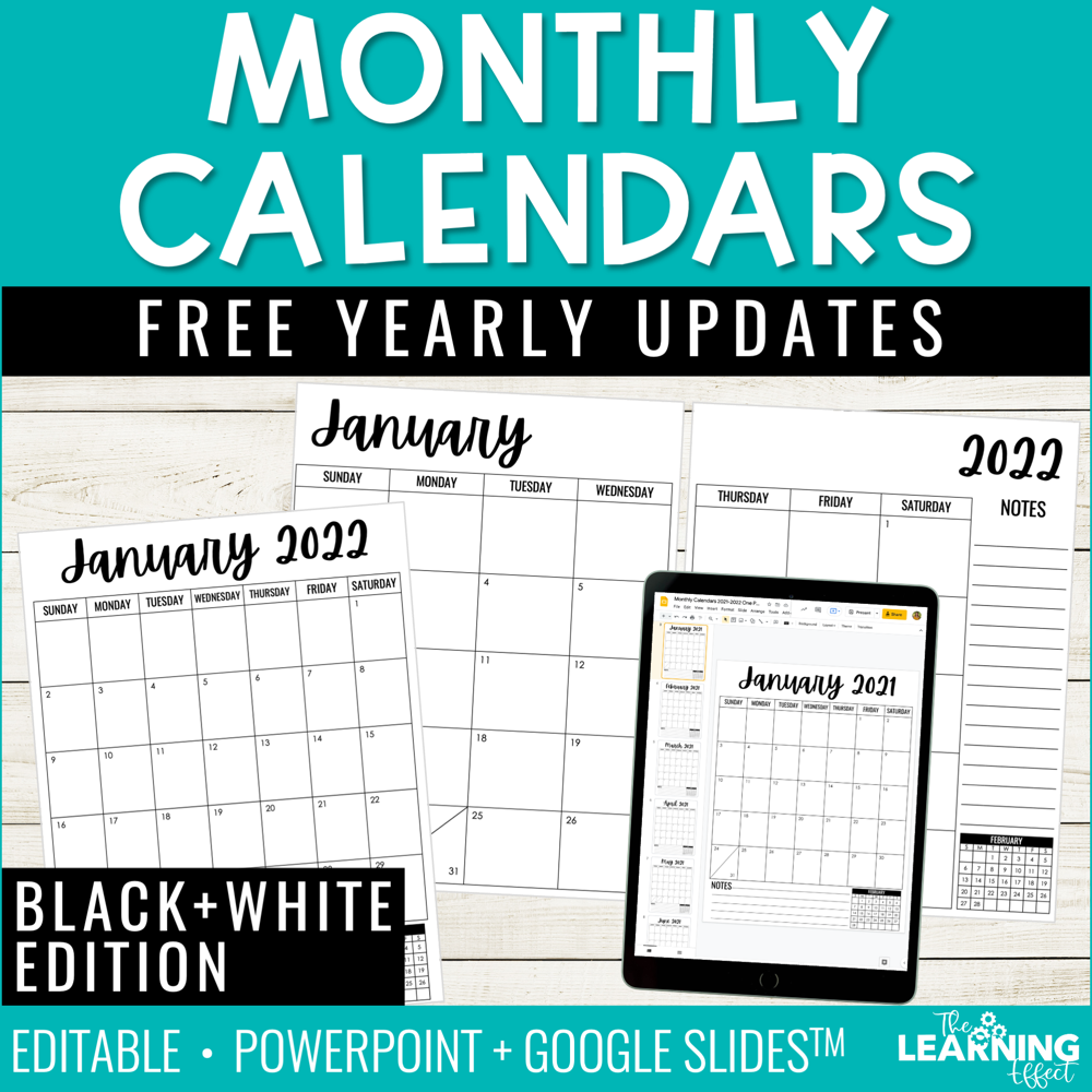 Editable Monthly Calendars 2021 2022 Black and White | Free Yearly Updates