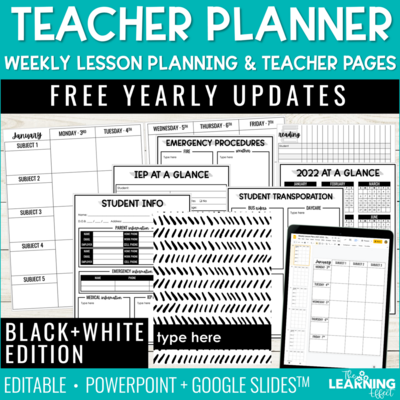 Editable Weekly Lesson Plan Templates Teacher Planner Pages Forms Black & White