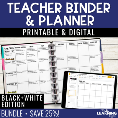 Editable Teacher Planner Binder Printable & Digital BUNDLE | Black & White
