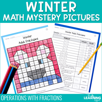 Winter Math Worksheets Mystery Picture Activities | Fractions