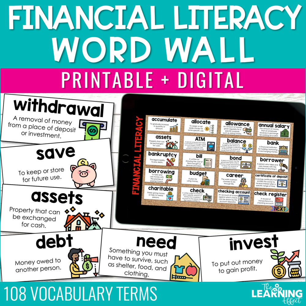 Financial Literacy Word Wall | Printable Cards and Digital Google Slides
