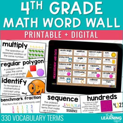 4th Grade Math Word Wall | Printable Cards and Digital Google Slides
