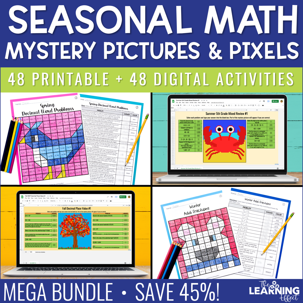 Seasonal Math Activities Mystery Picture and Pixel Art BUNDLE | Print + Digital