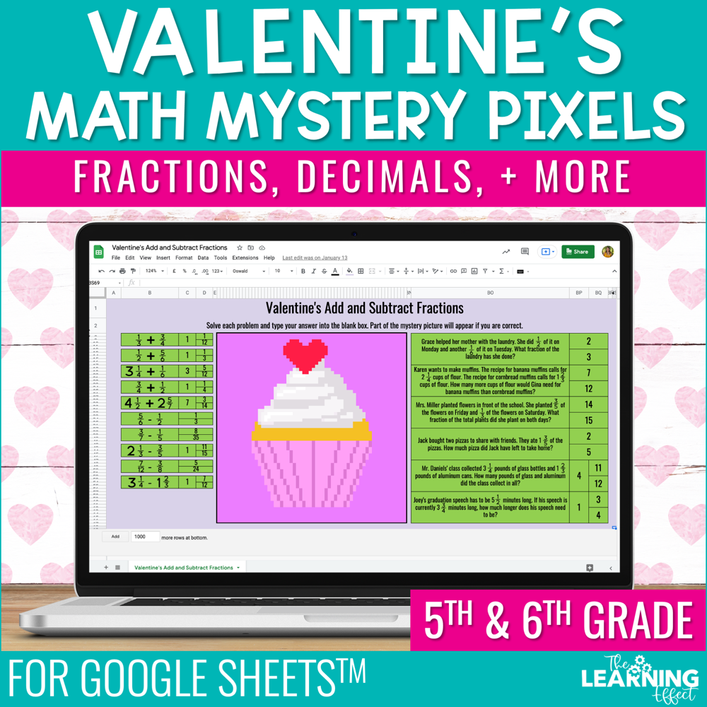Valentine's Math Activities Digital Mystery Pixel Art Google Sheets