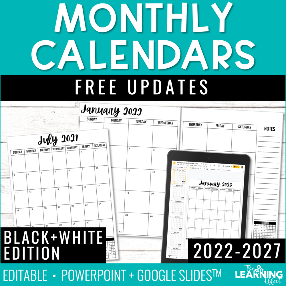 Editable Monthly Calendars 2022 - 2027 Black & White | Free Updates