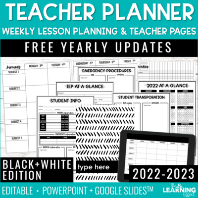 Editable Weekly Lesson Plan Templates 2022-2023 | Teacher Planner Pages & Forms | Black & White