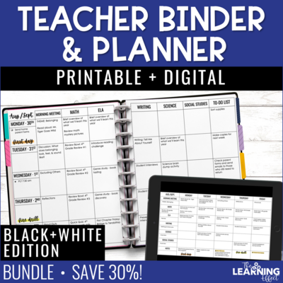 Editable Teacher Binder | Black and White Printable and Digital Teacher Planner | BUNDLE