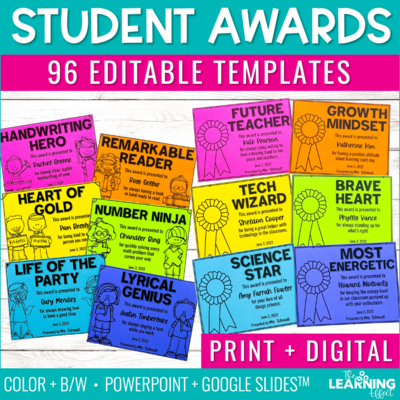 End of the Year Student Awards Editable Templates | Printable and Digital