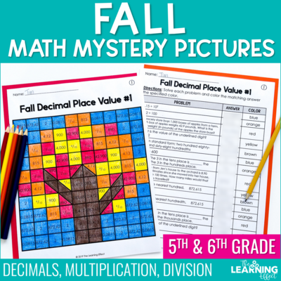 Fall Math Worksheets Mystery Picture Activities | Decimals Multiplication