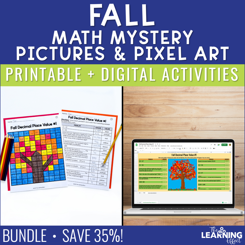 Fall Math Activities Mystery Picture & Pixel Art BUNDLE | Print + Digital