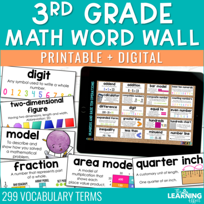 3rd Grade Math Word Wall Printable Vocabulary Cards and Digital Google Slides