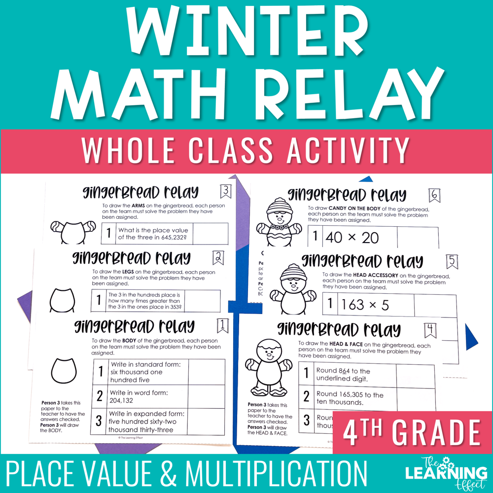 Winter Math Game for 4th Grade | Relay Review Activity | Multiplication