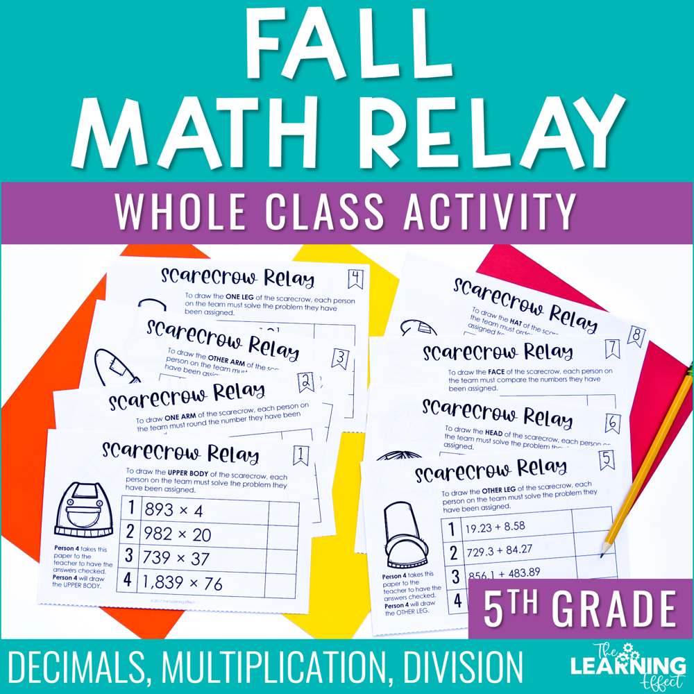 Fall Math Game for 5th Grade | Relay Review Activity | Decimals Multiplication