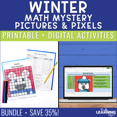 Winter Math Activities Mystery Picture & Pixel Art BUNDLE | Print + Digital