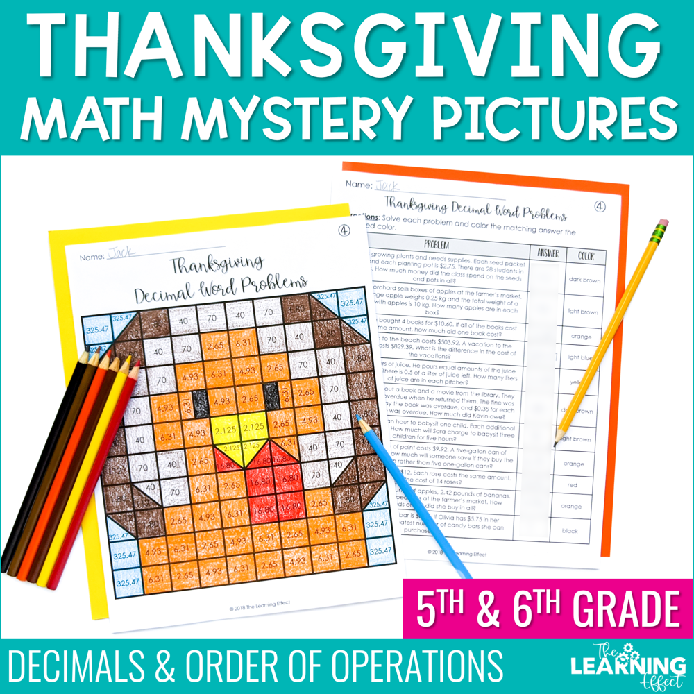 Thanksgiving Math Worksheets Mystery Picture Activities | Decimals