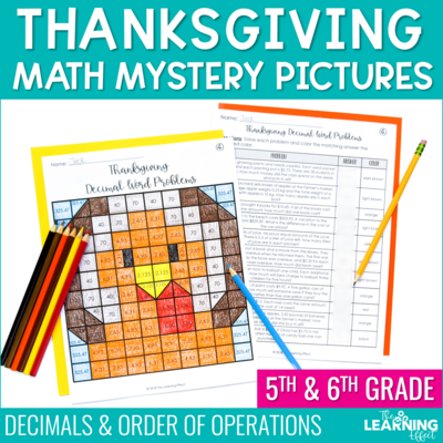 Thanksgiving math activities mystery picture worksheets | decimals