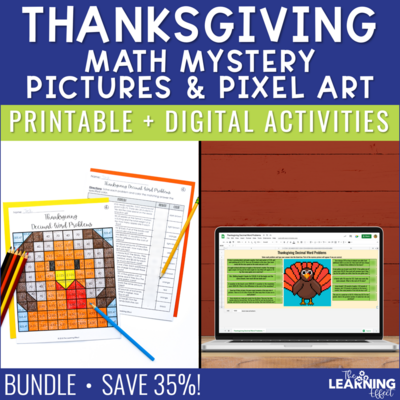 Thanksgiving Math Activities Mystery Picture and Pixel Art BUNDLE | Print + Digital