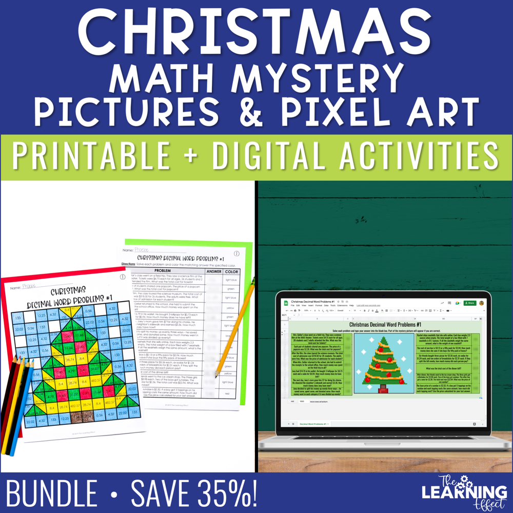 Christmas Math Activities Mystery Picture & Pixel Art BUNDLE | Print + Digital