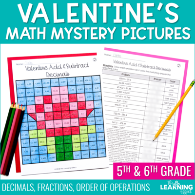 Valentine's Math Worksheets Mystery Picture Activities | Fractions Decimals