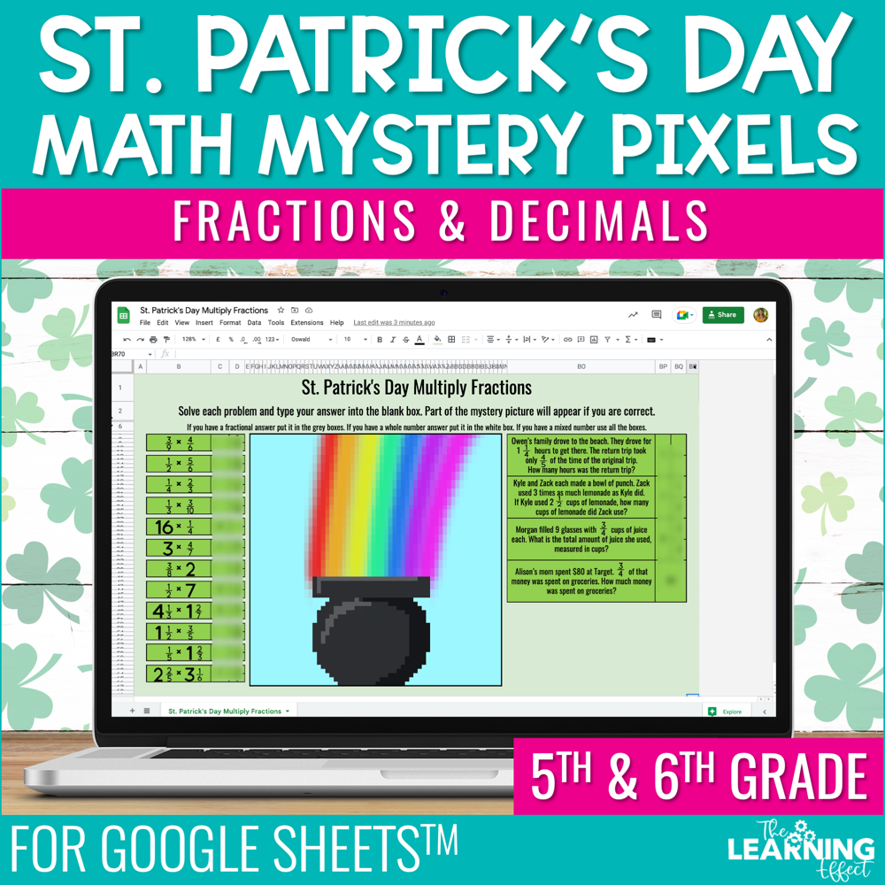St. Patrick's Day Math Activities Digital Mystery Pixel Art Google Sheets