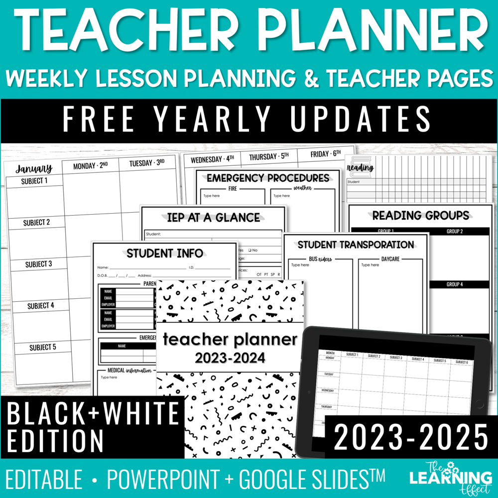 Editable Weekly Teacher Planner Templates 2023-2025 | Black & White