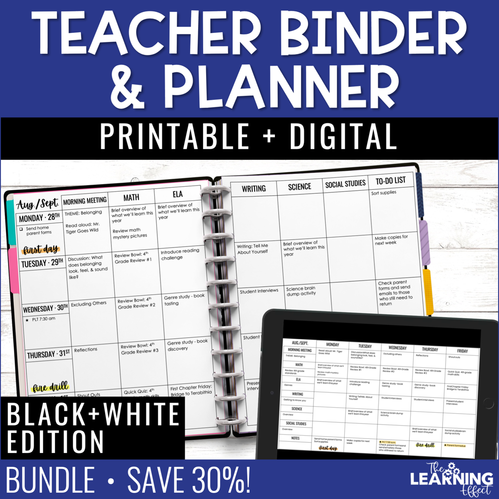 Editable Teacher Planner Binder BUNDLE | Black & White