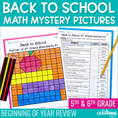 Back to School Math Worksheets Mystery Picture Activities 5th & 6th Grade Review