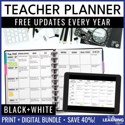 Editable Teacher Planner Binder Printable and Digital BUNDLE | Black & White