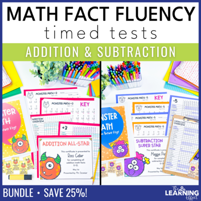 Math Facts Fluency Addition and Subtraction Timed Tests Worksheets BUNDLE