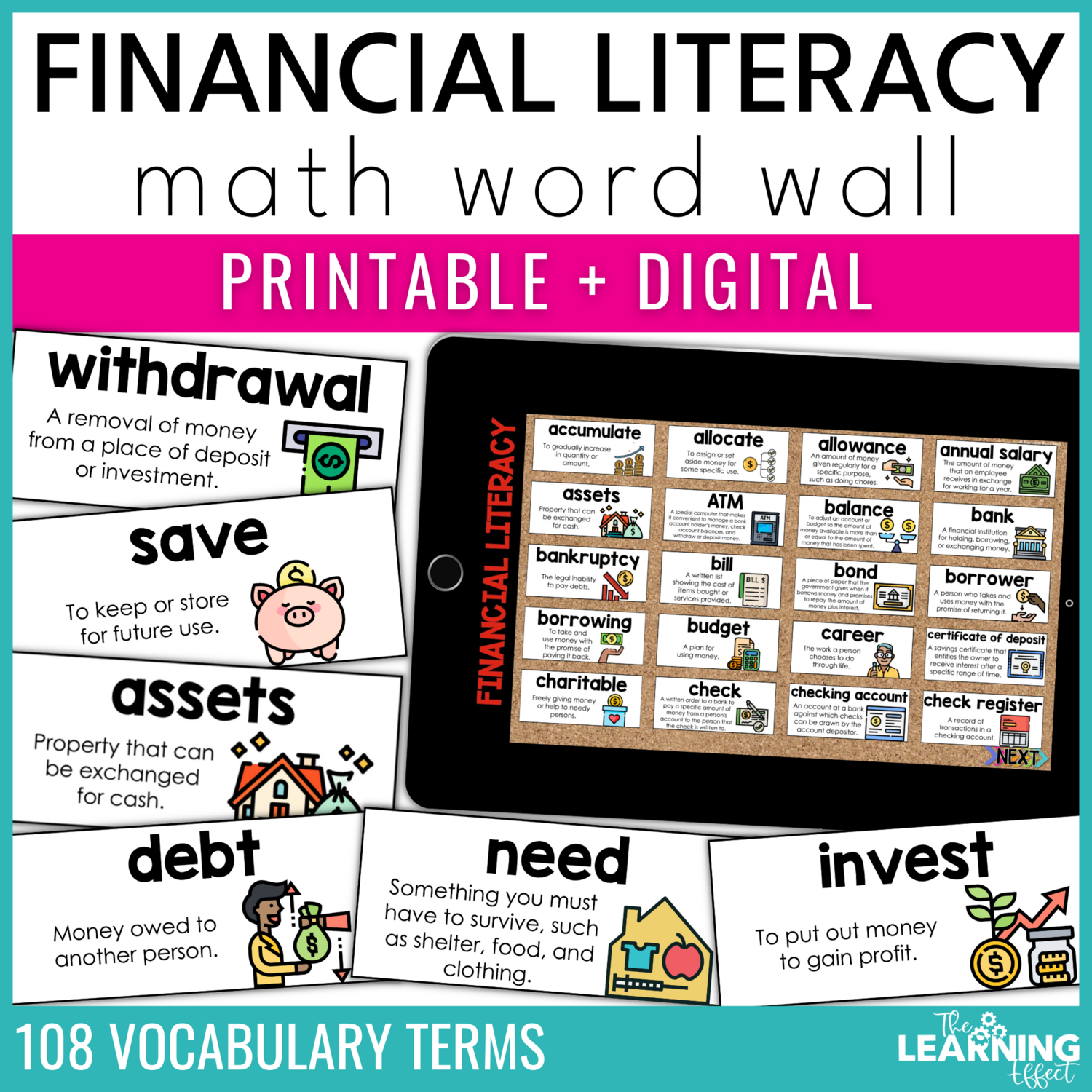 Financial Literacy Word Wall | Printable Cards and Digital Google Slides