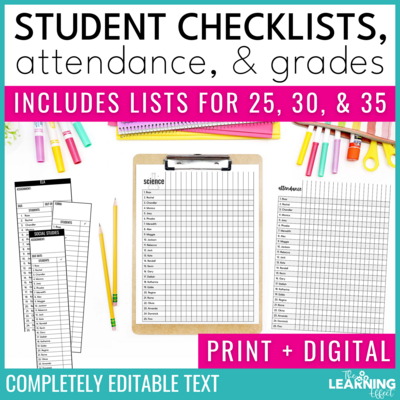 Editable Student Checklists, Attendance Sheets, Gradebook, and Class Lists