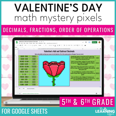 Valentine's Math Activities Digital Mystery Pixel Art Google Sheets