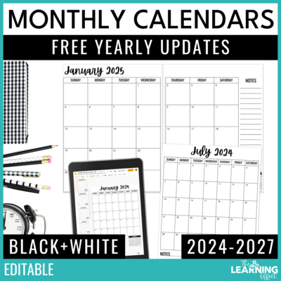Editable Monthly Calendars 2024 - 2027 | Printable and Digital | Black & White