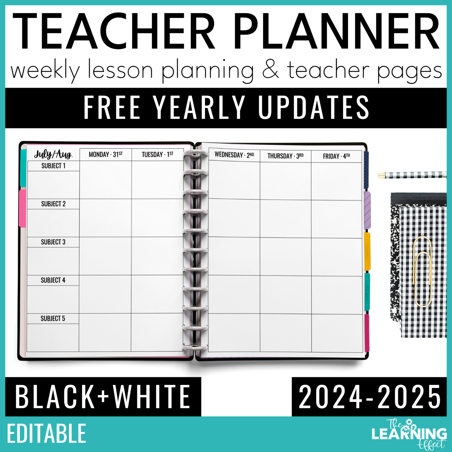 Editable Weekly Teacher Planner Templates 2024-2025 | Black & White