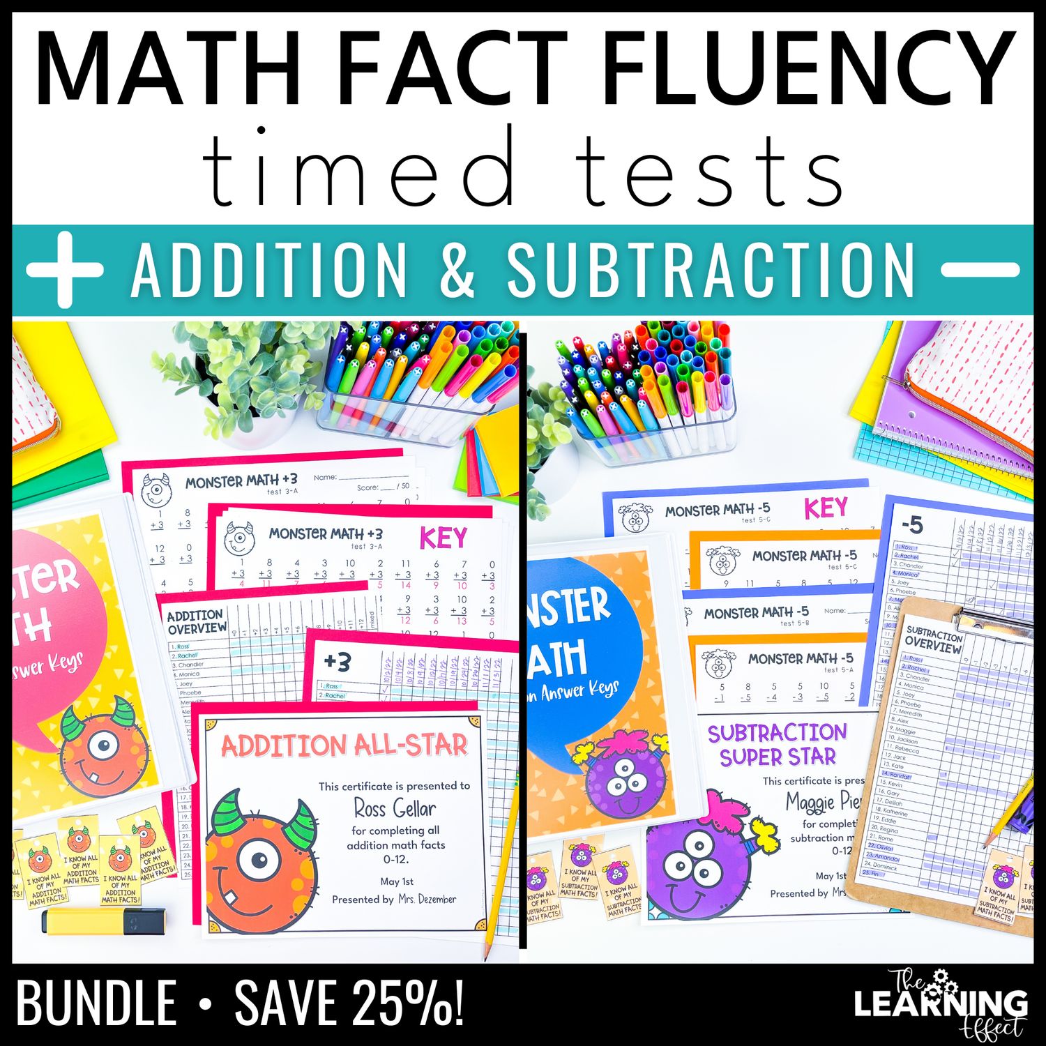 Math fact fluency addition and subtraction timed tests practice worksheets