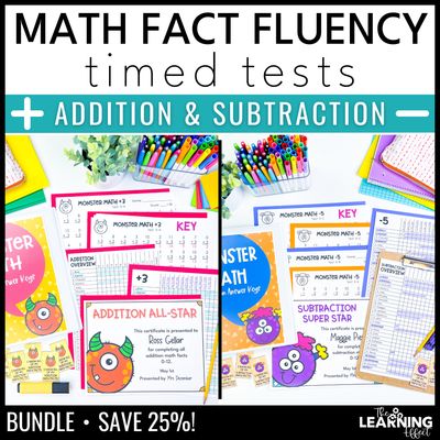 Math fact fluency addition and subtraction timed tests practice worksheets