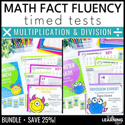 Math fact fluency multiplication and division timed tests practice worksheets