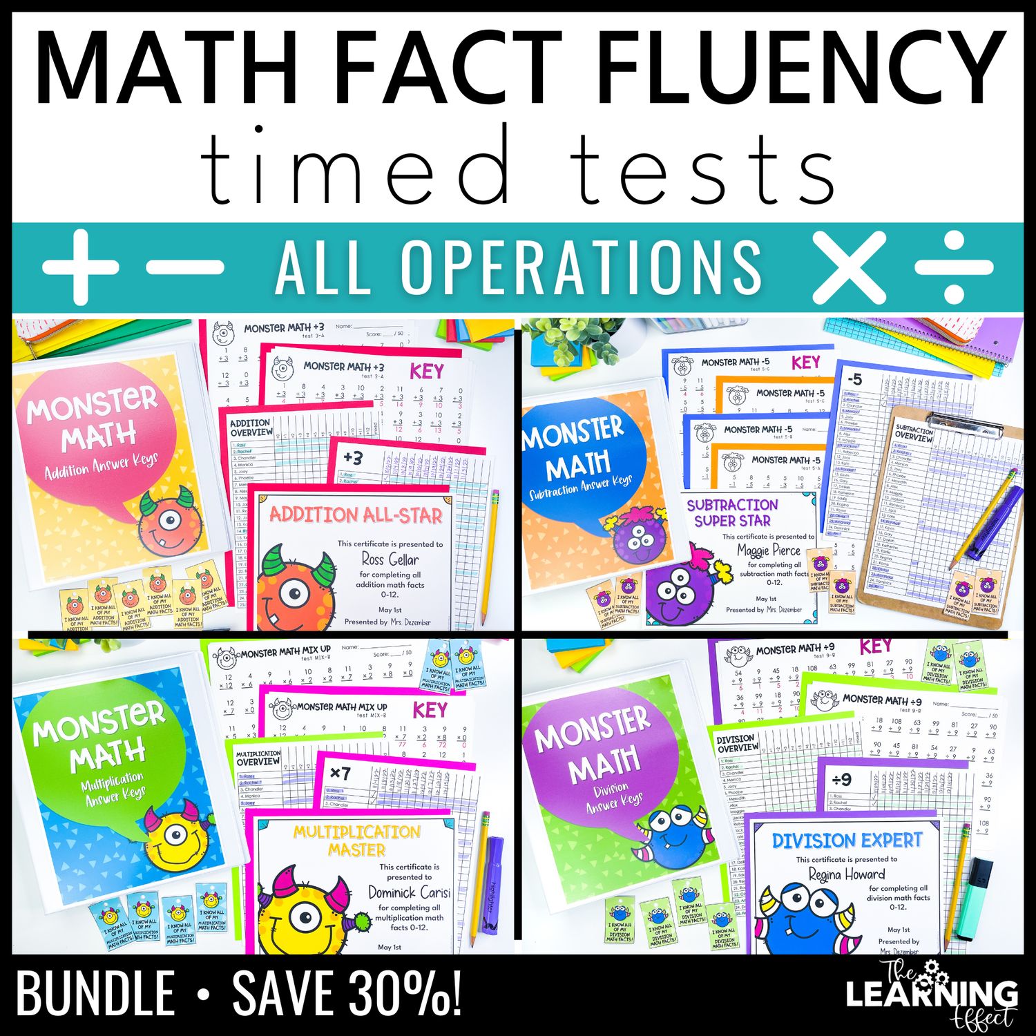 Math fact fluency addition subtraction multiplication division timed test bundle