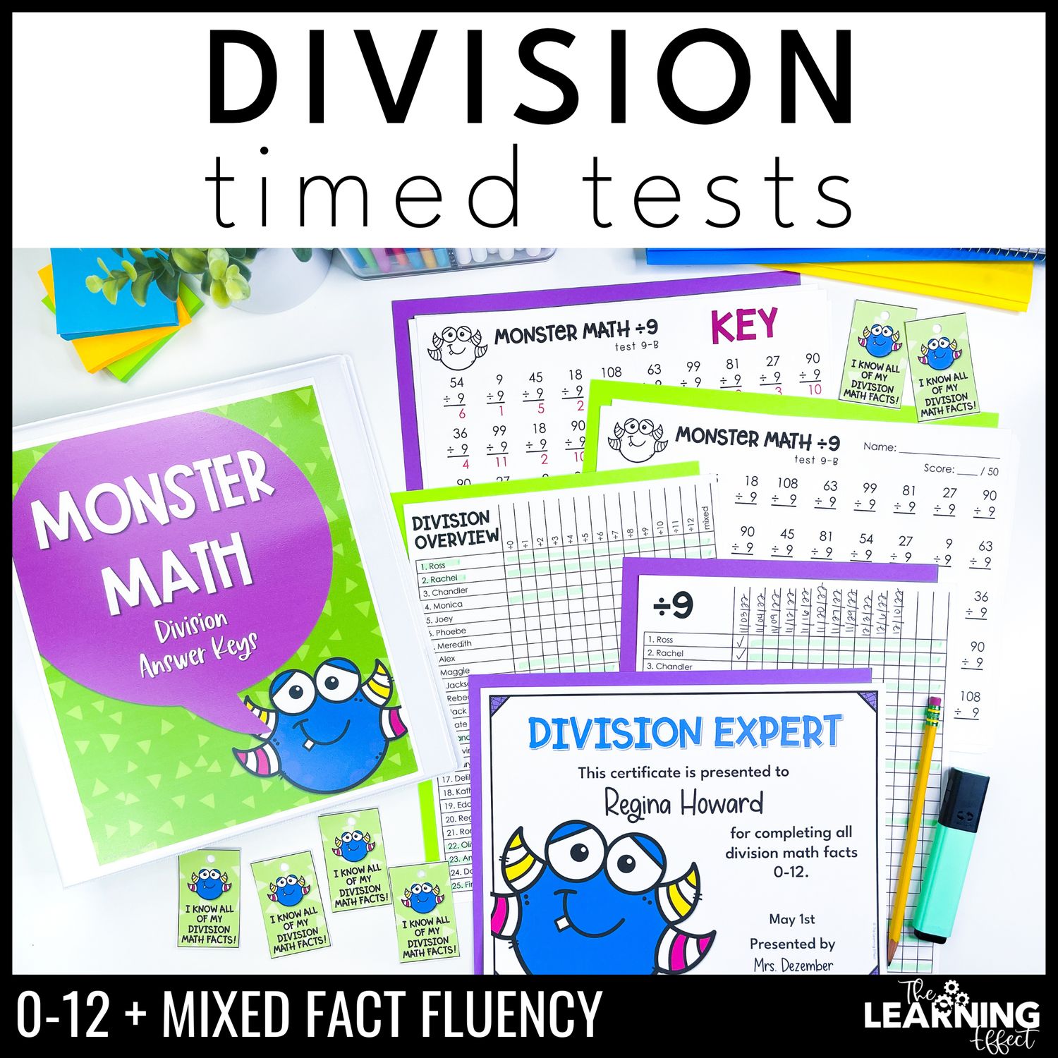 Division timed tests | math fact fluency practice worksheets and tracker