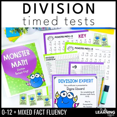 Division timed tests | math fact fluency practice worksheets and tracker