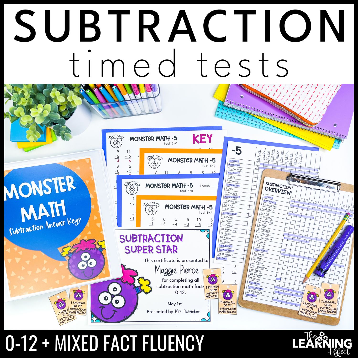 Subtraction timed tests | math fact fluency practice worksheets and tracker