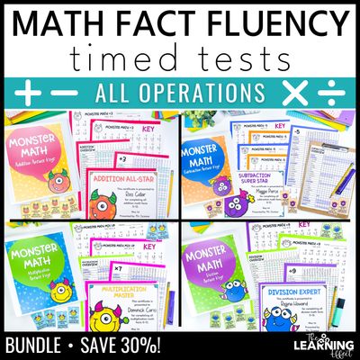 Math fact fluency addition subtraction multiplication division timed test bundle